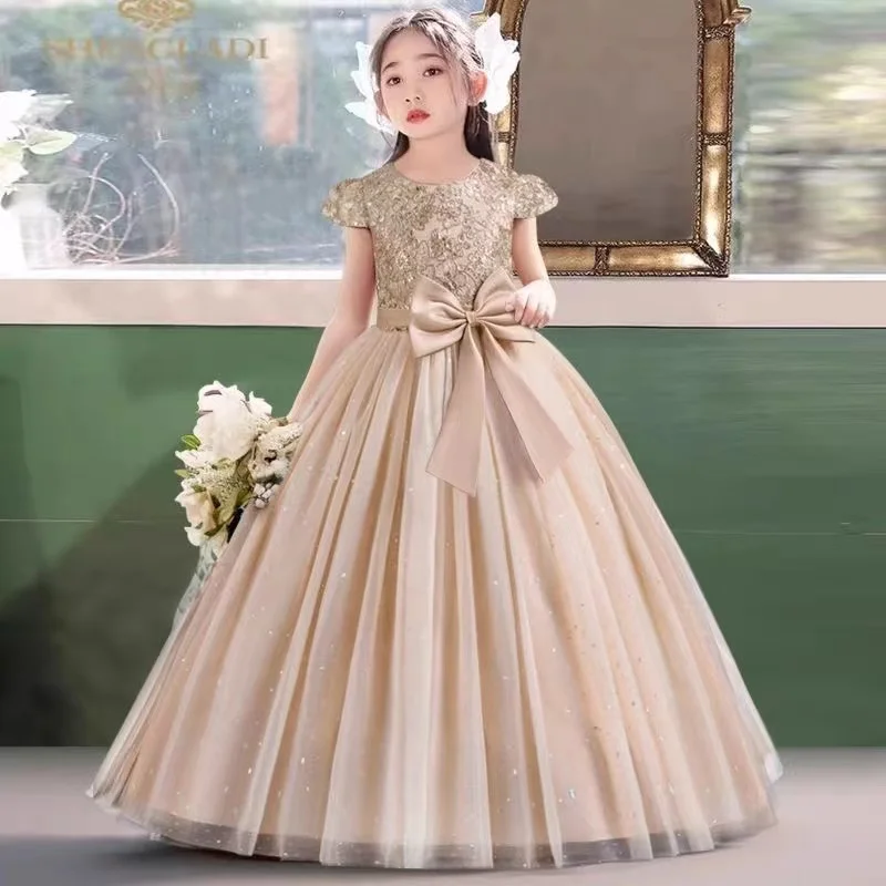 

Girls Princess Dress Kids Long Prom Gowns Children Wedding Birthday Party Bow Lace Dresses Christmas Vestidos