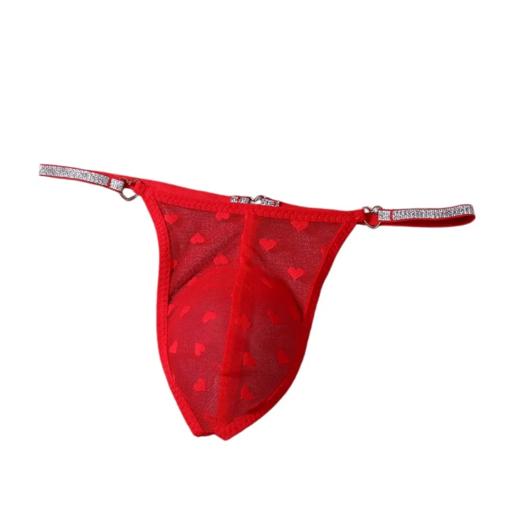 Thin Mesh Men Hollow Thongs Low Waist Love Heart Print Male Transparent Briefs Lingerie Underpants Men's Sheer Panties