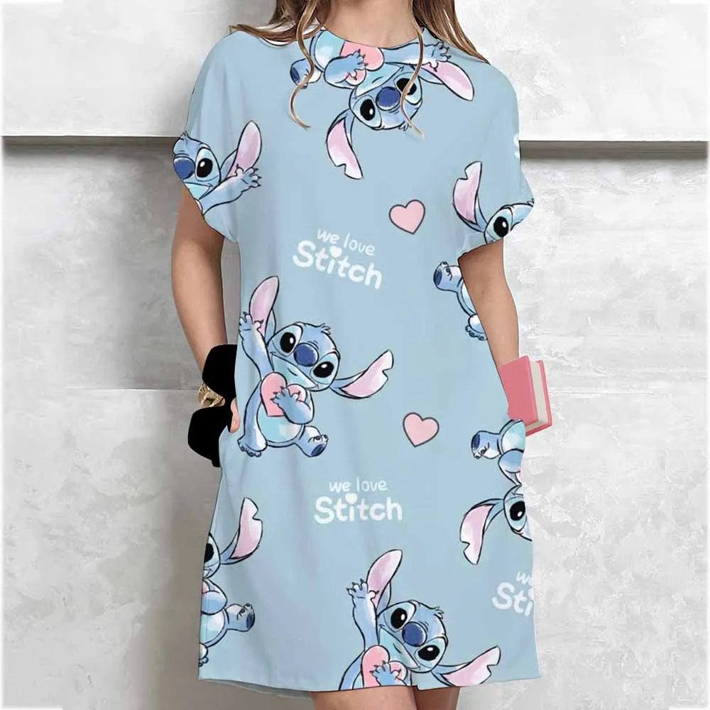 Abito alla moda in colori puri da donna con stampa Disney Stitch T-shirt stile mini abiti estivi abiti casual larghi