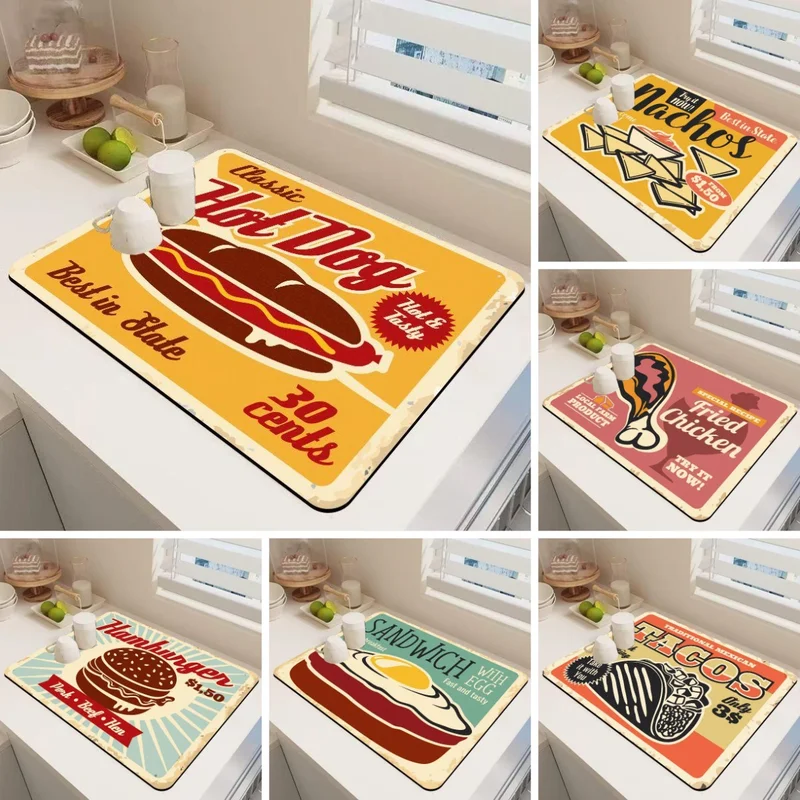 VIKAMA Retro Fast Food Sign Kitchen Drying Mat Super Absorbent Counter Draining Pad Non Slip Heat Resistant Table Mat