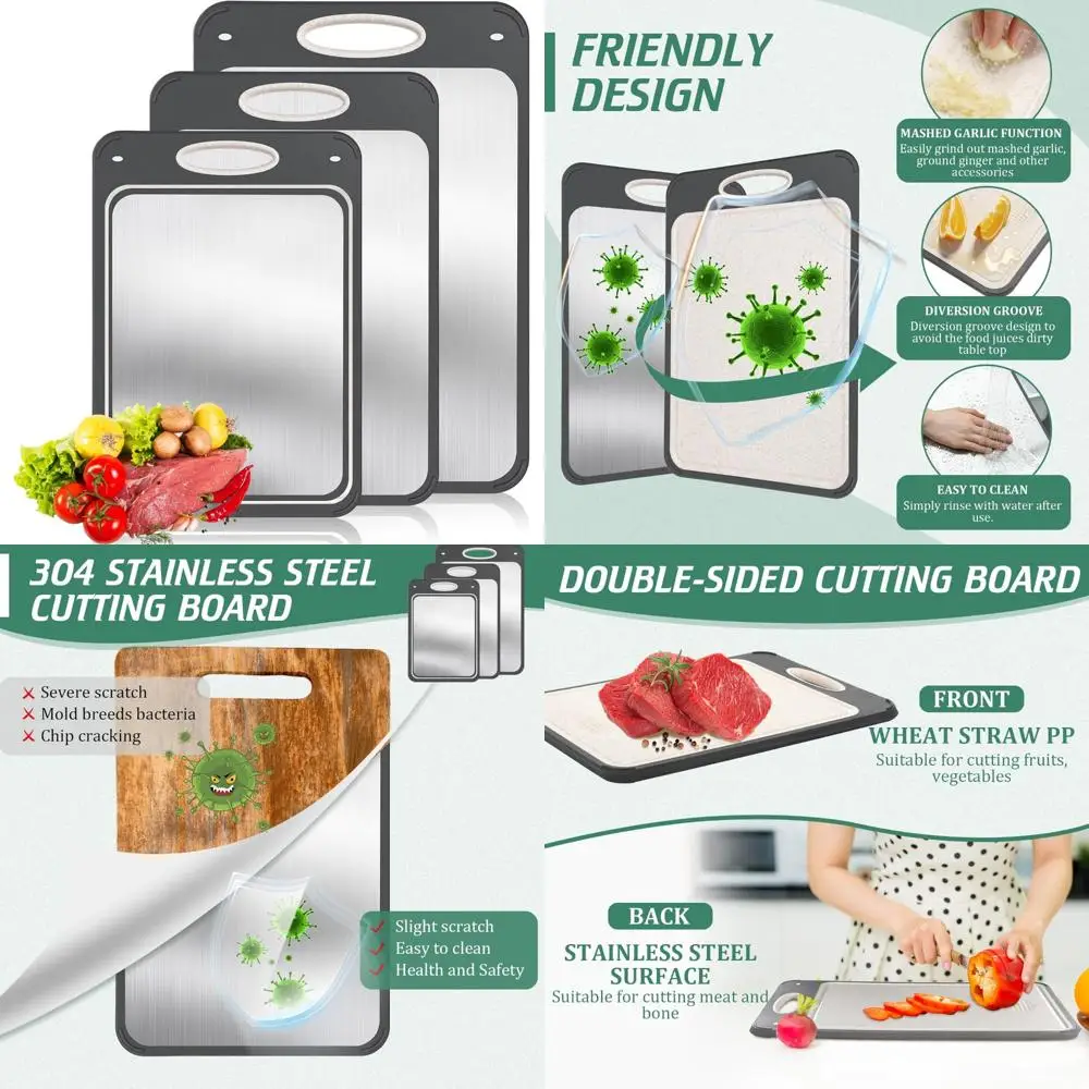 

Double-Sided Large Stainless Steel Cutting Board Set - 3 Pack, 304 Grade, with Wheat Straw PP for Kitchen Chopping and Preparing