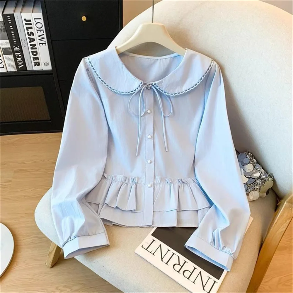 

2026 Spring Korean Design Peter Pan Collar Cute Girls' Blouse Long Sleeve Sweet Shirt For Women Age Reducing Ruffles Shirt Tops