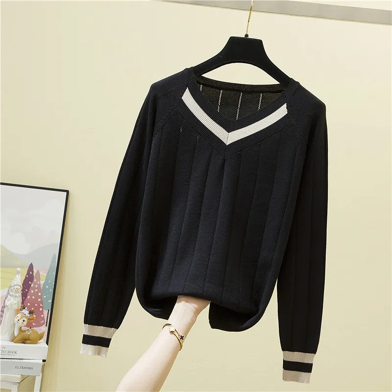 

2024 Autumn Winter Women's Knitted Sweater Long Sleeved Sweatshirt V-neck Loose Female Jumpers Soft Tops Fashion Pullovers M28