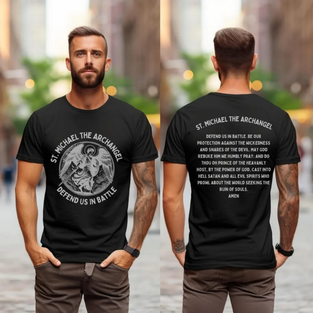 

Футболка St Michael The Archangel Defend Us in Battle Prayer, мужская католическая рубашка, рубашка с католической святой цитатой, мужская футболка с уникальным дизайном