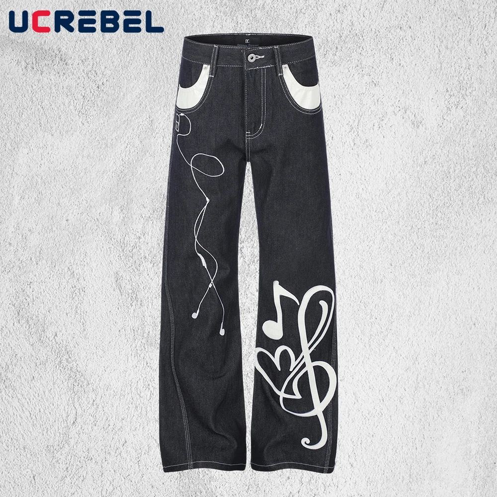 Musical Note Patch Embroidery Jeans Mens Casual Retro Baggy Straight-leg Denim Pants Man