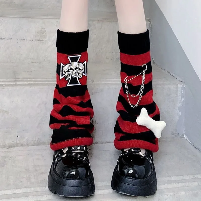 Autumn Winter Striped Skull Thigh High Socks for Women Y2K Harajuku Punk Slouch Leg Warmers Subculture Calf Socks