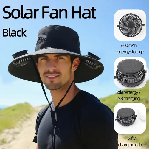 Imagen 1 del producto Sombrero de cubo de secado rápido para hombre, sombrero para el sol de gran tamaño con ventilador con energía Solar, recargable por USB para senderismo al aire libre, Camping, actividades de pesca