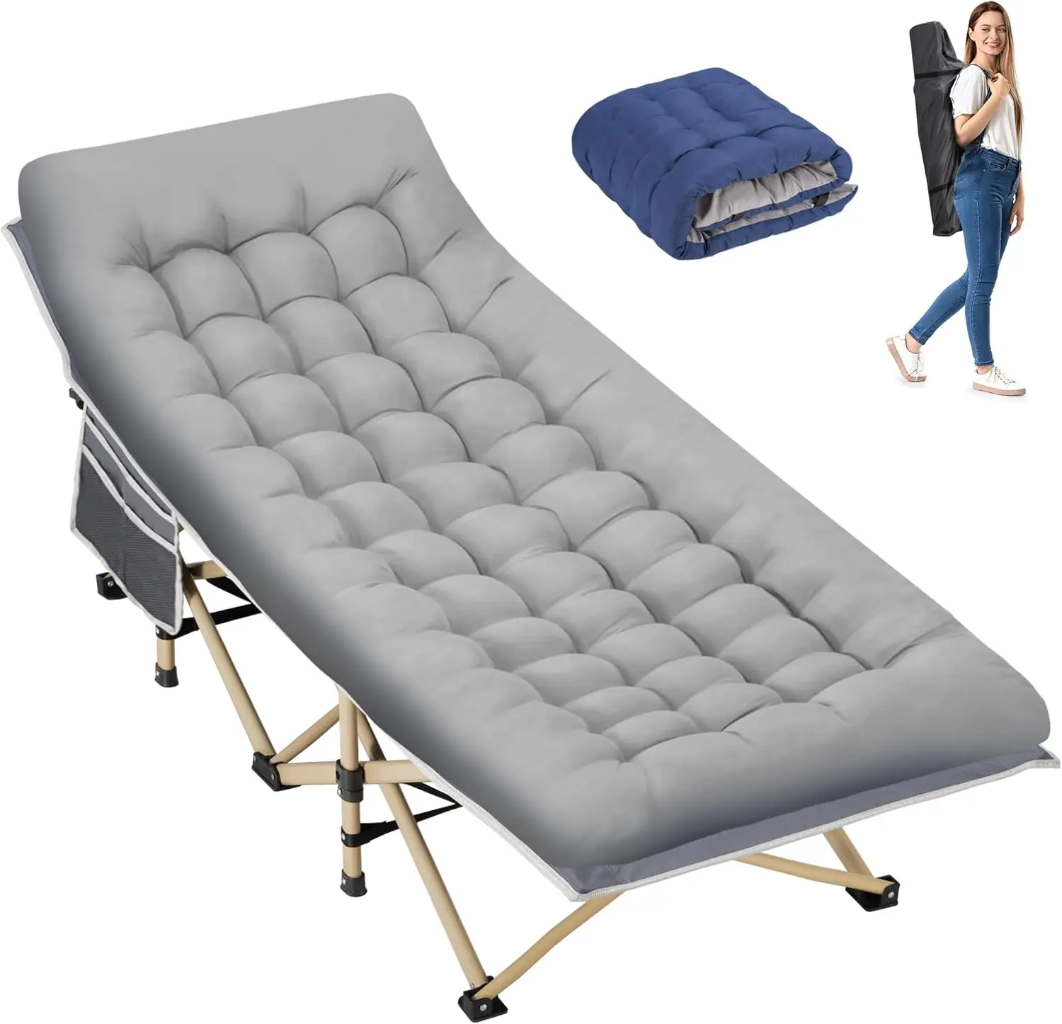 

Folding Camping Cot For Sleeping, Portable Cots For Adults, Heavy Duty Cot Bed 550Lbs(Max Load), Extra Wider Cots With Large