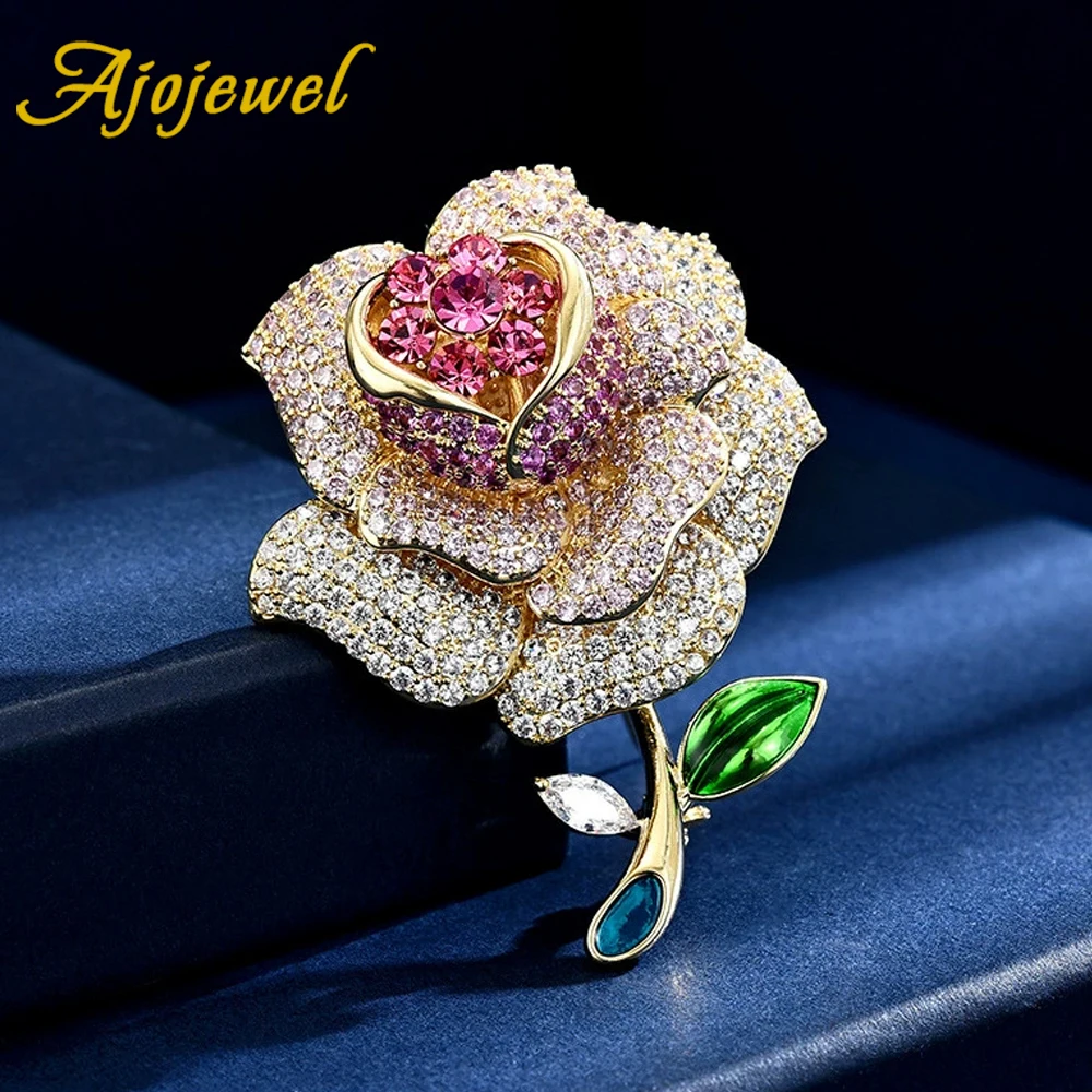 

Ajojewel Luxury Full Rhinestone Rose Flower Brooch Crystal Cloth Pin Jewelry Valentine's Day Gifts For Women