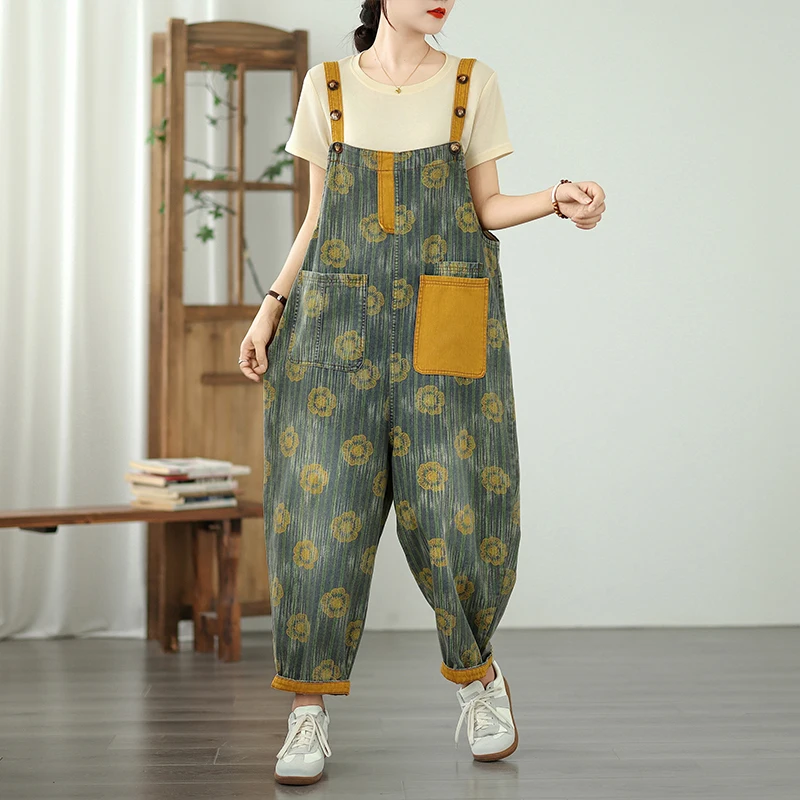 Summer New Style Loose Casual Fashionable Floral Denim Overalls High Waist Cotton Polyester Blend Comfortable All-Match Artistic
