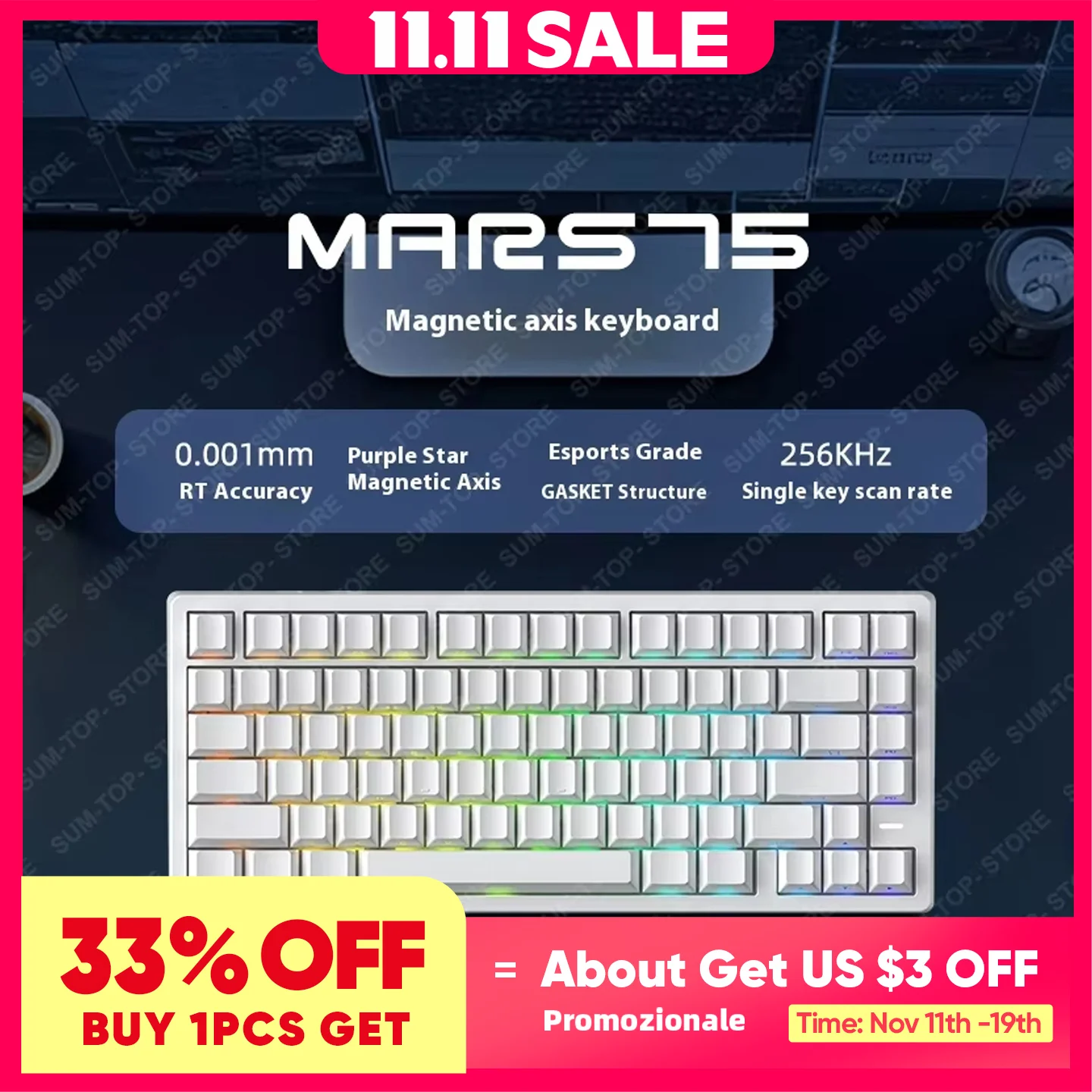 

MARS75 Mars75 PRO Magnetic Mechanical Keyboard 75% layout RT0.001mm 8K 0.125ms Delay RGB Gasket Wired Gaming Keyboard Accessory