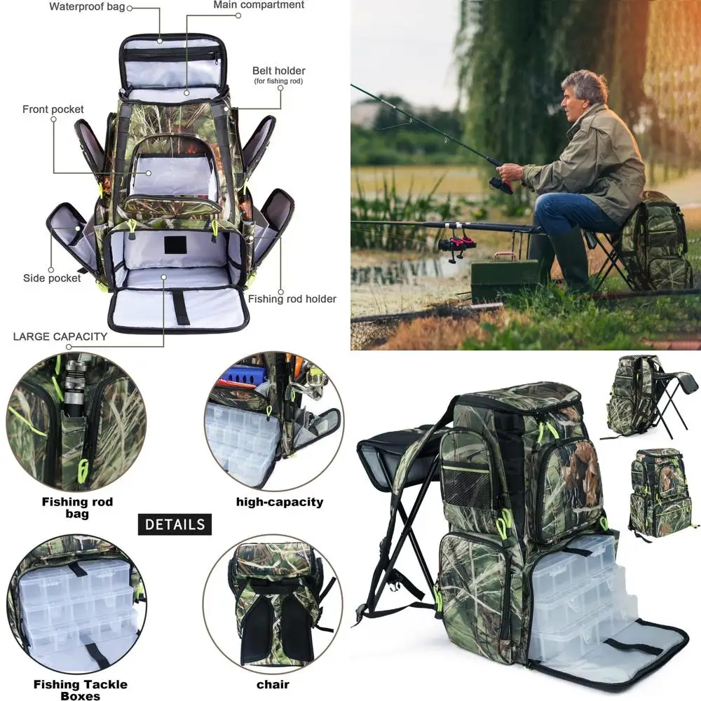 

Рюкзак для рыбалки PLAY-KING, сумка для снастей с коробками-держателями для удочек, складной стул для рыбалки, идеально подходит для улицы, используемый для мужчин