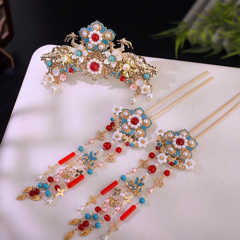 Ming Dynasty Hairpin Chinese Wedding Hair Accessoreis Retro Royal Tiara Pearl Tassel Hair Stick Vintage Han Costume Hair Jewelry