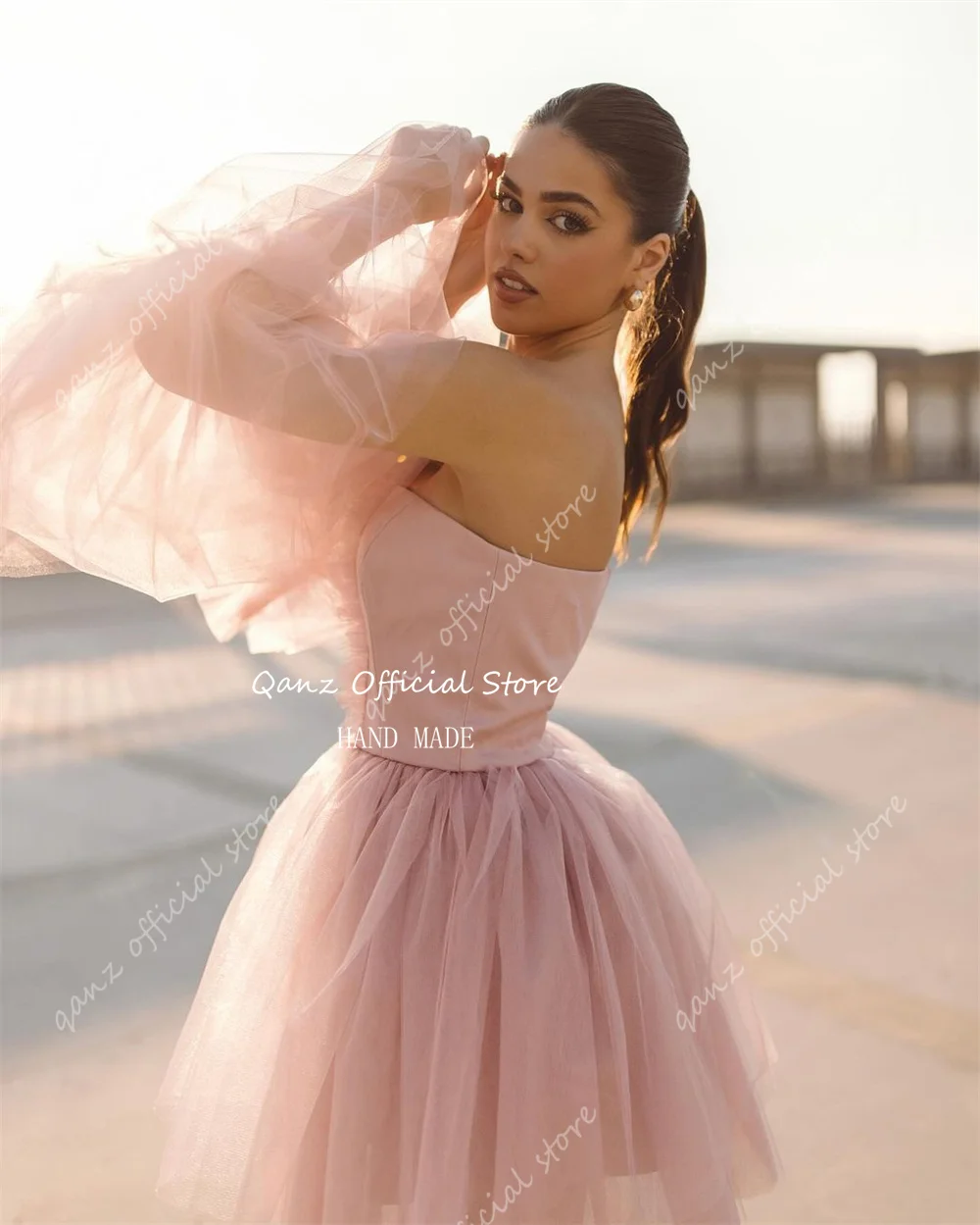 Qanz Dirty Pink Cocktail Dresses Tulle Ruffles Detachable Sleeves Dress Women Elegant Party Customized Vestidos Para Eventos