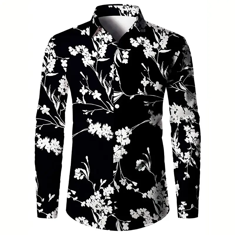 2025 新しいメンズカジュアル 3D プリントリーフプリントシャツ、日常着に適した、春襟長袖ボタンアップシャツ