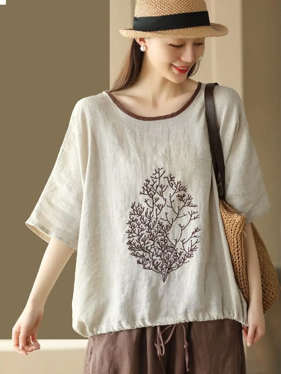 Retro Embroidered Cotton Linen Women's Pullover Summer New Drawstring Hem T-Shirt Loose round Neck Large Size Color Block