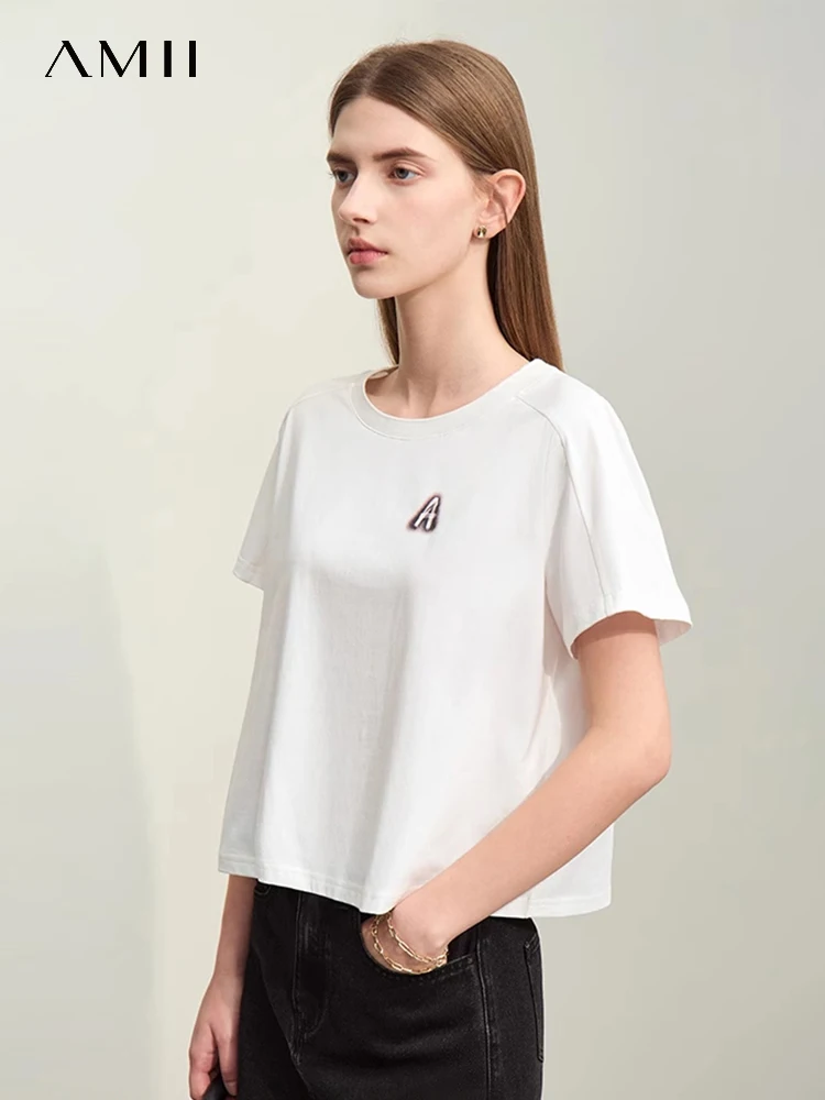 

Amii Minimalism 2024 Summer New Basics T-shirts For Women Loose Short Sleeve O-Neck Letters Printed Casual Fashion Tees 12422096