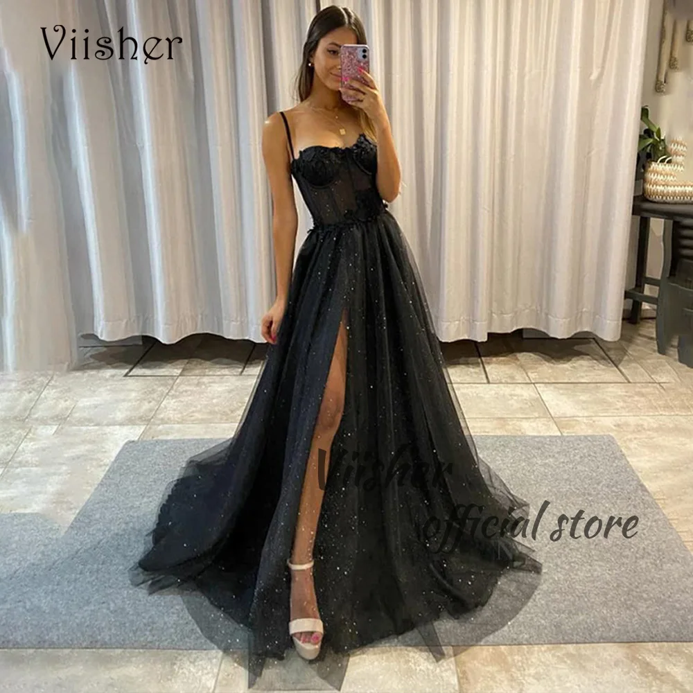 

Viisher Sparkly Black Tulle Evening Dresses with Slit 3D Flower Corset Sweetheart Prom Party Dress Spaghetti Straps Formal Gowns