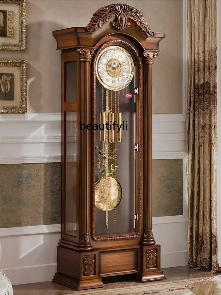 New German Hermle Movement European the Grandfather Clock Mechanical Living Room Clock Solid Wood Carved Classical Copper Bell