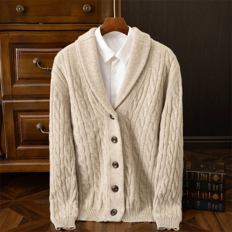 Cardigan bicolore a doppio filo ispessito in maglia a trecce da uomo autunno/inverno 100% cashmere Swe