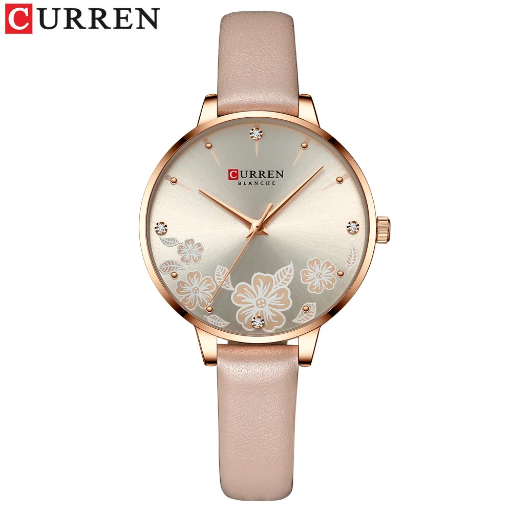 CURREN 9068 Women's Watch Quartz Wristwatch Pink Blue Flower Diamond Fashion Leisure Leather Strap Clock for Ladies Gift