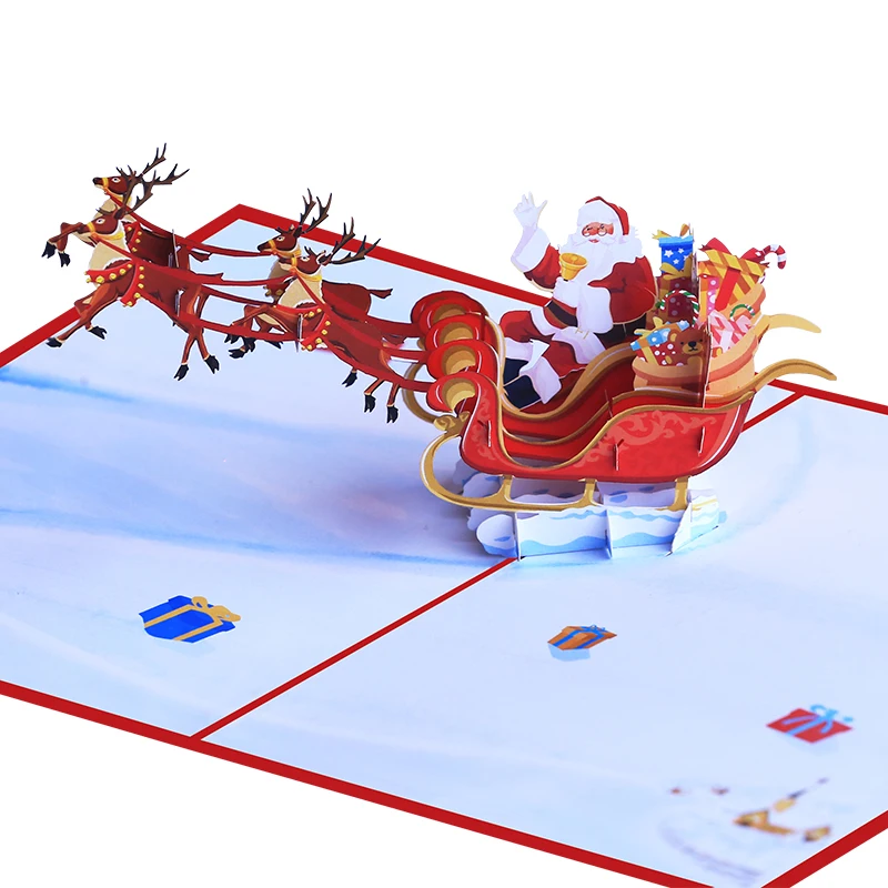 Merry Christmas Card with Envelope, Slide out Note, Santa Claus, 3D Reindeer Sledge Greeting Card, Truck, Pine, Xmas Gift