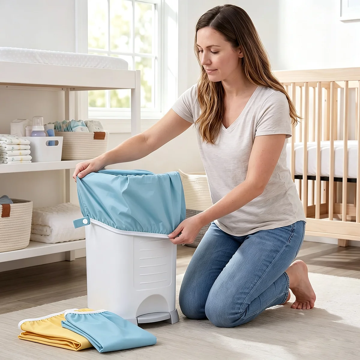 2枚入り、防水加工のベビー用おむつ収納用ビニール袋。ストラップ付きで、洗濯やキッチンでの使用に最適。繰り返し使用可能で、洗濯して再利用できる。