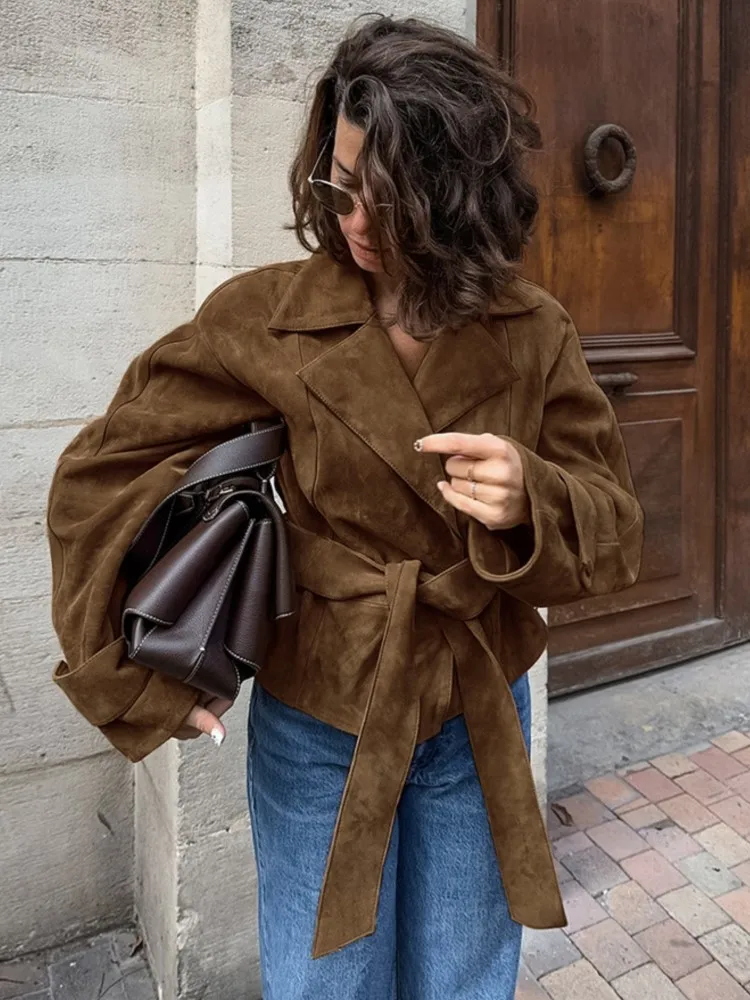 

Autumn Winter 2025 New High Street Motorcycle Outerwear Retro Brown Jacket Women Fashion Loose Lace Up Lapel Short Coat