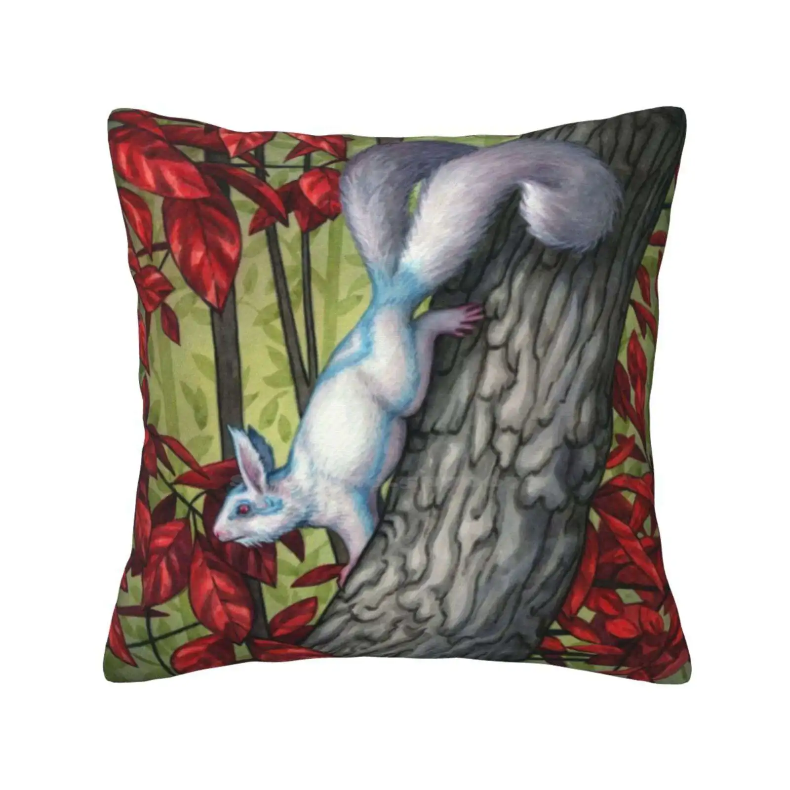 Autumn Spirit Funny Cute Decor Square Pillowcase Squirrel Nature Fall Albino Spirit Magic Fantasy Forest Trees Red Leaves