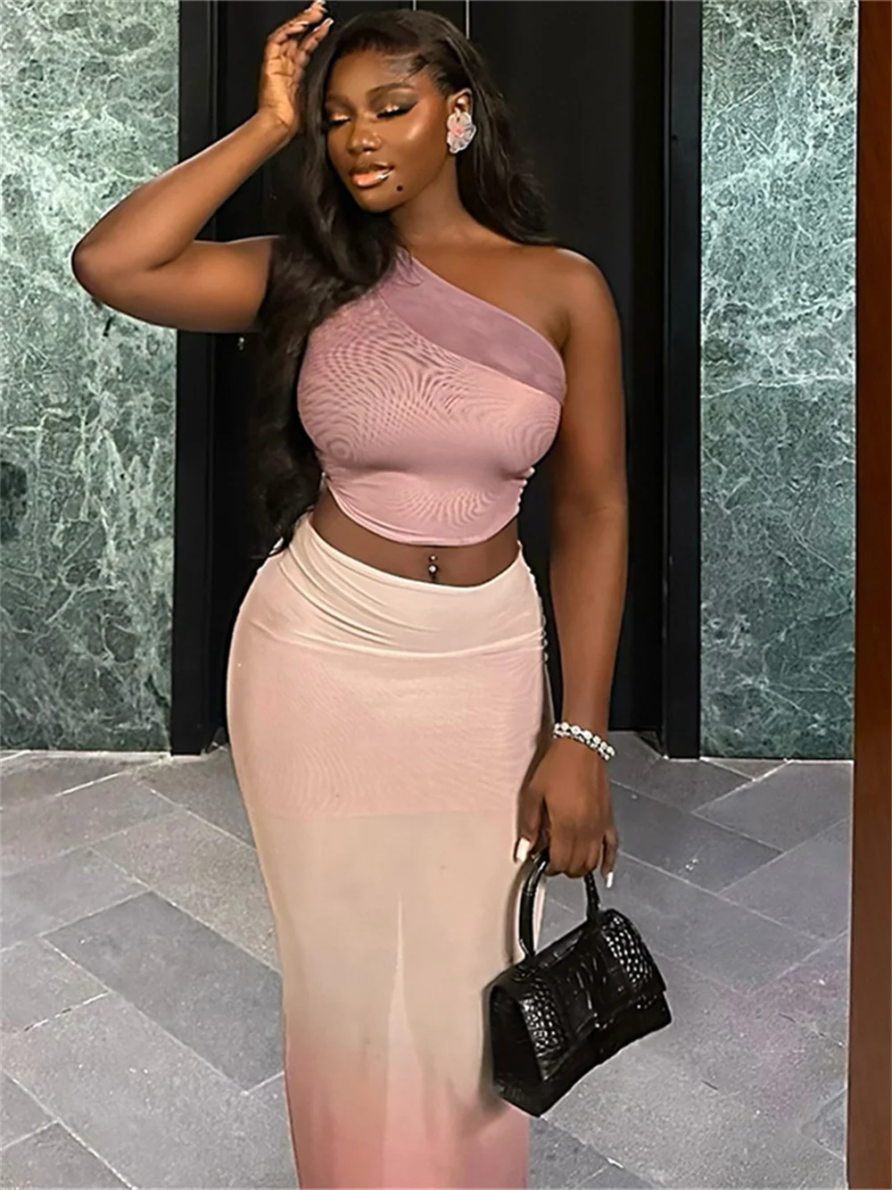 

Женский комплект из 2 предметов с градиентом Weird Puss, элегантные топы на одно плечо + двухэтажные макси-юбки, летняя модная клубная одежда, наряды