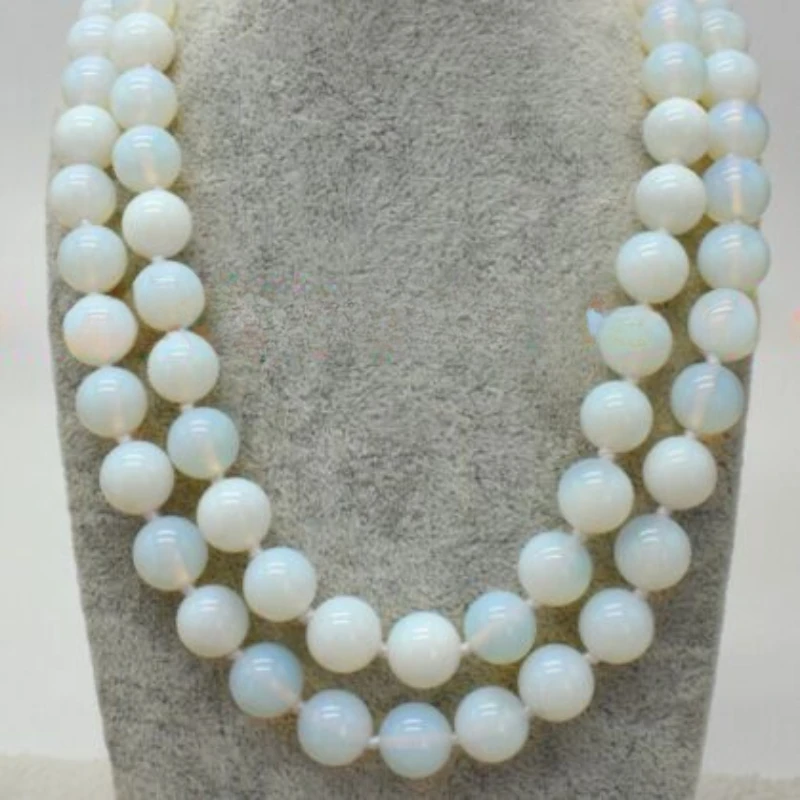 2 Row Natural 8/10/12mm White Opal Round Gemstone Beads Necklace 18-19'' AAA