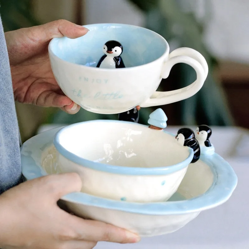 Cute Penguin Relief Ceramic Mug, Kawaii Cartoon Coffee Cup for Kids Girls, Fun Breakfast Cereal Yogurt Drinkware, Unique Gift