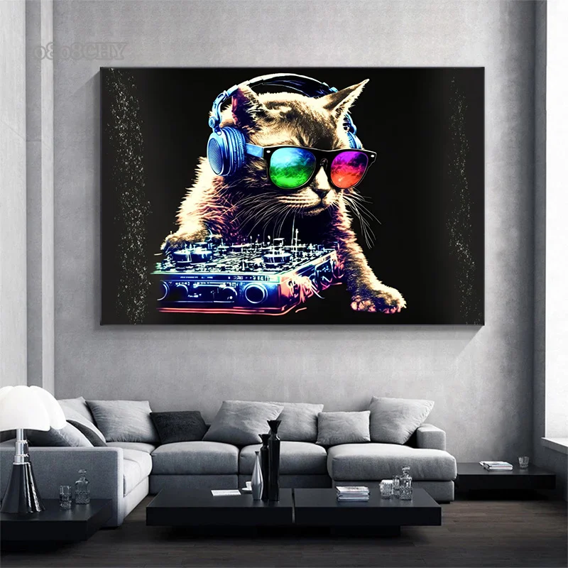 Animal Monkey Cat Dog Headphone Dj Music Poster Canvas Print Painting Vinyl Record Playing Music Picture Internet Bar Room Decor