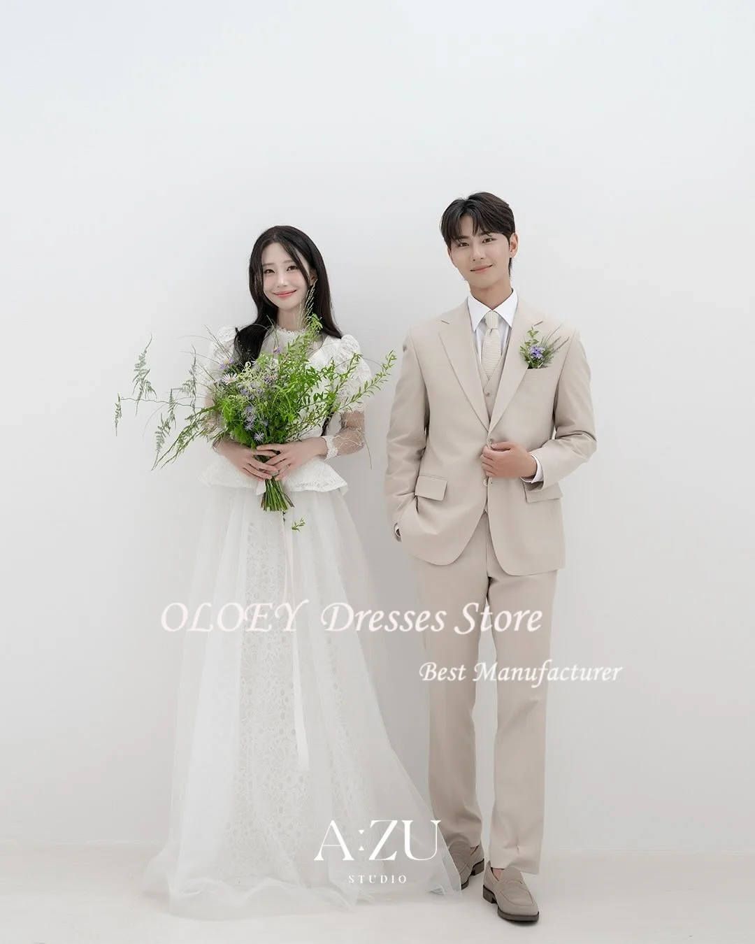 OLOEY – robe de mariée froncée, col rond, élégante, Simple, ligne a, manches bouffantes, ivoire, personnalisée