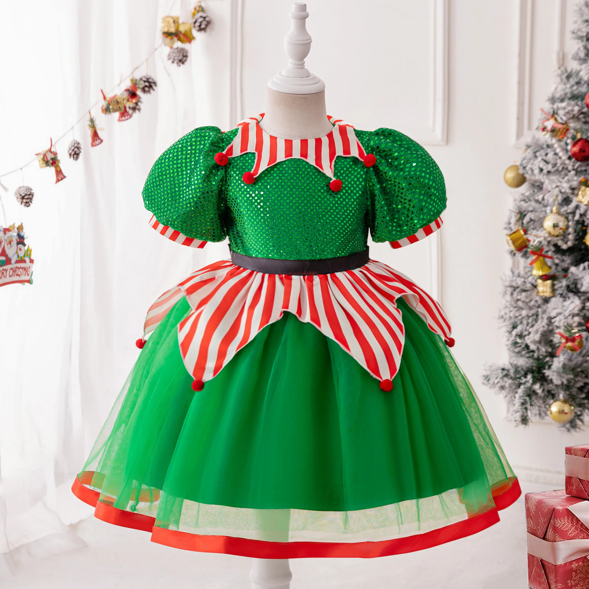 

Fluffy Elf Christmas Girls Party Dress Green Carnival Costumes Elegant Bow Wedding Birthday Princess Dresses Prom Kids Clothing