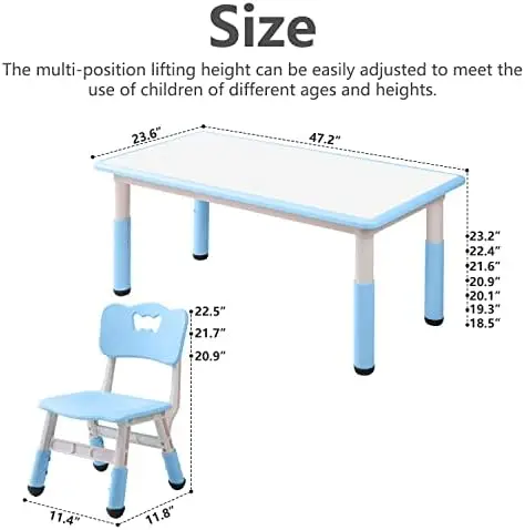 Children's Table and Chair Set Suitable for Boys and Girls Age 2-12 Height Adjustable Table top Can be Painted with 6 Seats Suit