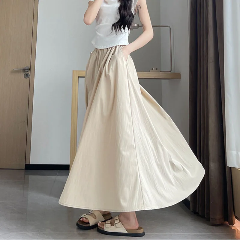 2025 Summer New Women Long Skirts Korean Elastic High Waist with Pockets Maxi Skirts Ladies Solid Casual All-Match A-Line Skirt