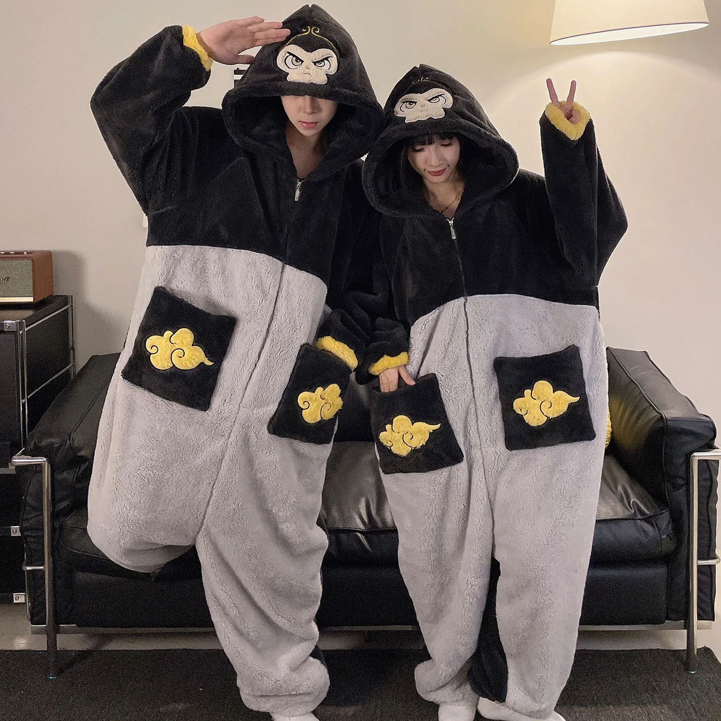 Cartoon Cute Jumpsuit Sleepwear Winter Warm Coral Fleece Pajamas Set for Couples Big Size 3XL 4XL Women and Men Nightwear
