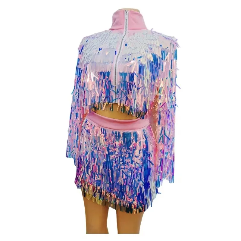 بريق الترتر شرابة سترة قصيرة تنورة الرقص الزي نادي ملهى ليلي المرأة مرحلة ارتداء عيد ميلاد الرقص حفلة الأداء زي