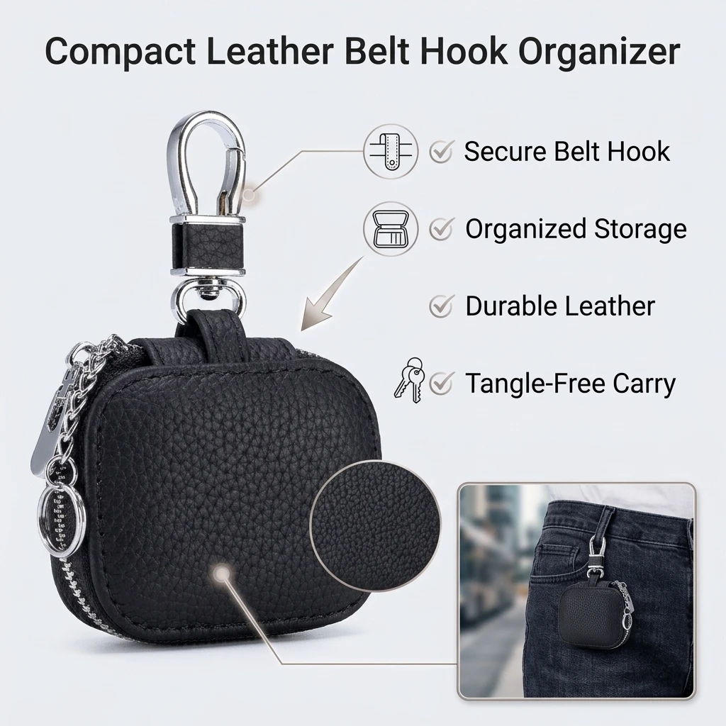 Key Pouch Leather Key Organizer Belt Hook Keychain Holder for Business Travel Durable Compact Cowhide Wallet Men's
