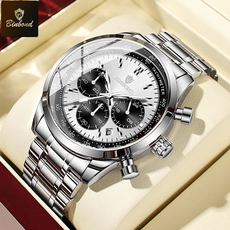 BINBOND 1pc Luxury Men Quartz Watch Stainless Steel Strap Waterproof Luminous Automatic Date Watch Fashion Business Timer Watch