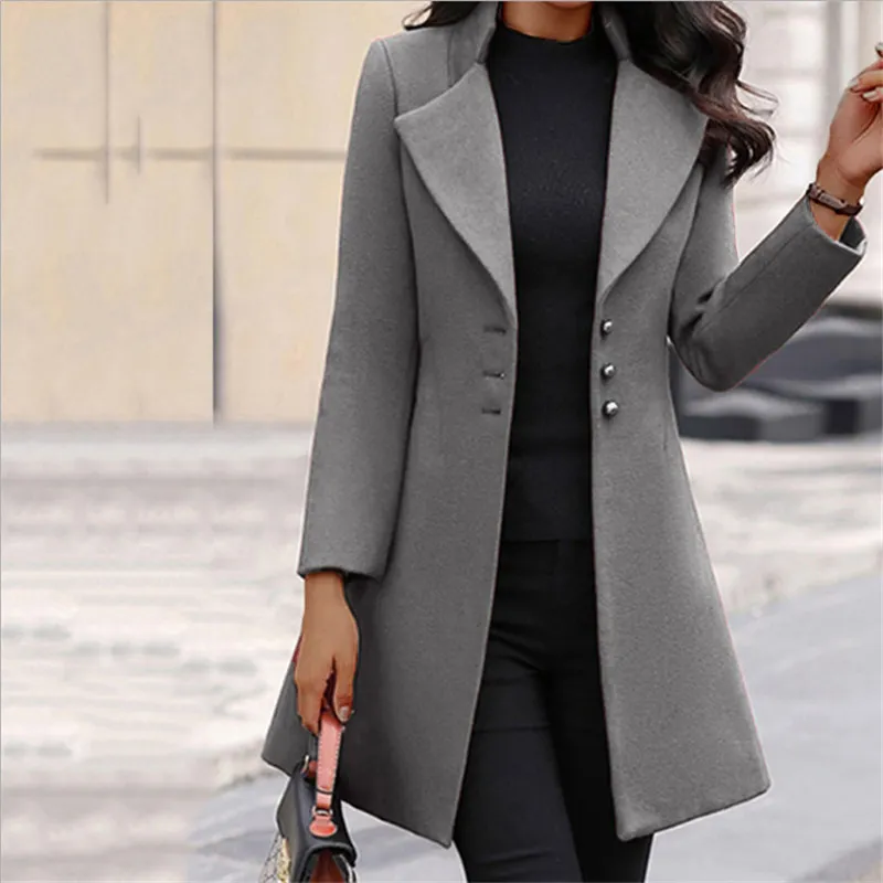 2022 Autumn Winter New Woolen Coat Women Yellow Black Stand Collar Single-breasted Outer Wear Korean Style Slim Jacket