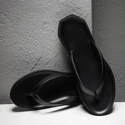 Summer men's black Genuine leather flip flops classic designer slippers quality non slip outdoor beach casual sandals тапочки