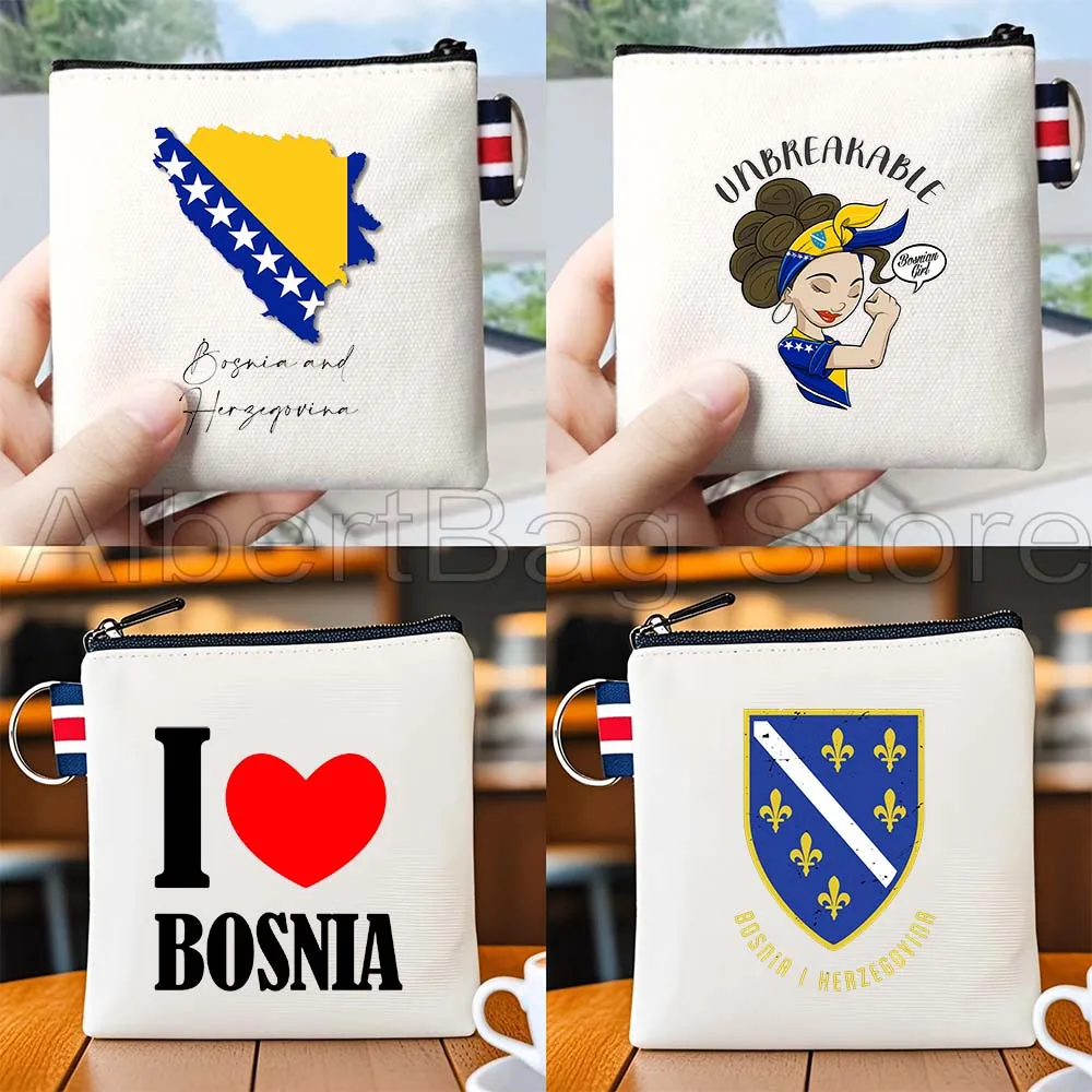 

Bosnia Herzegovina Flag Map Bosnian Gifts Canvas Coin Purse Bag Small Square Key Bag Storage Card Bag Cotton Wallet Zipper Pouch