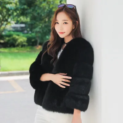 Fake Fur Coat for Women's New Winter Short Mixed Fur Coat with Round Neck and 3/4 Sleeves