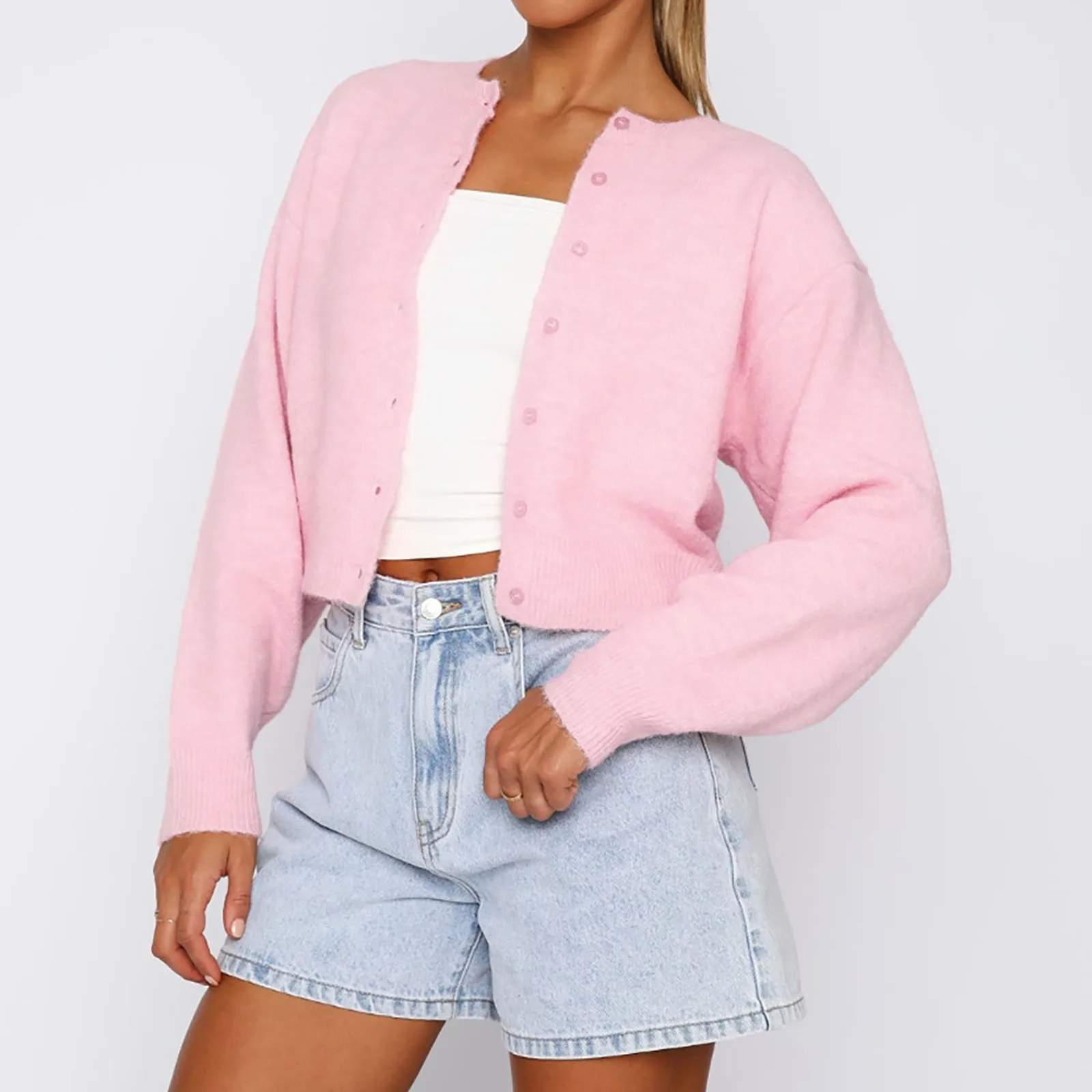 

Women's Casual Crop Knit Cardigan Y2K Long Sleeve Crewneck Open Front Button Down Cardigan Sweaters Streetwear For Women 2024