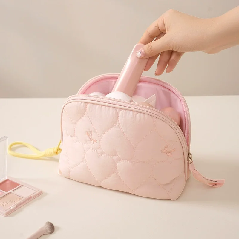 Heart Quilted Half-Moon Cosmetic Bag for Women, Soft Padded Makeup Organizer Pouch, Small Clutch Handheld Storage