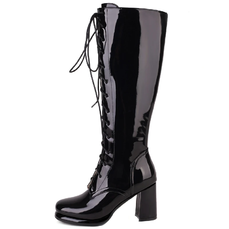 Autumn Winter Women\'s High Boots Black Red White Knee Boot Female High Heels Lace-up Long Tall Party Shoes Lady Large Size 45 48