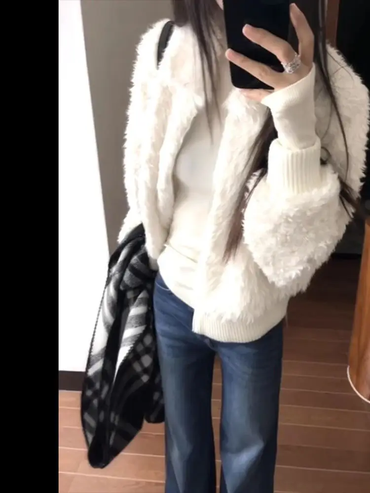 

Soft Fluffy White ort Coat for Women Winter Warm Casual Sle Polyester Fiber Zipper Closure Pure Color Flip Collar Top