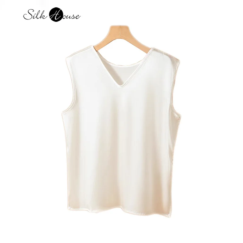 

2024 Women's Casual Summer New Style 93% Natural Mulberry Silk Elastic Satin Loose Sleeveless V-neck Inner and Outer Tank Top